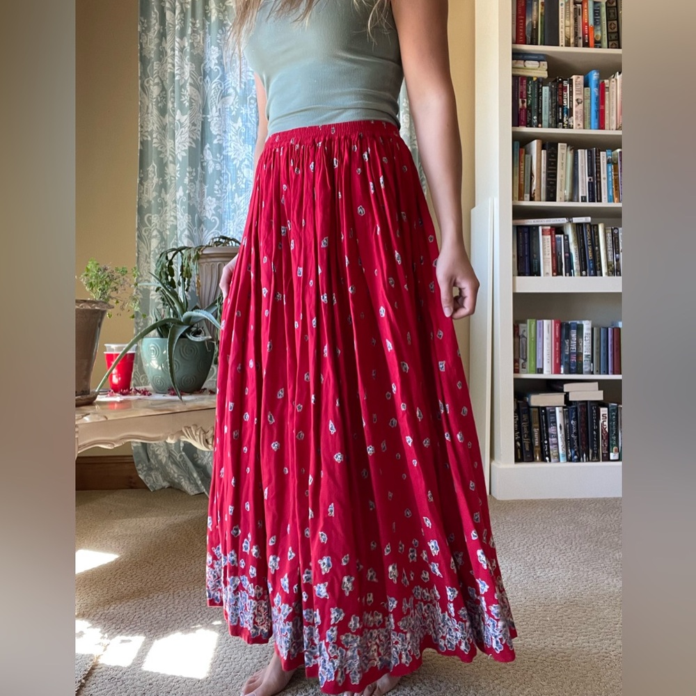 Vintage red rayon maxi boho skirt